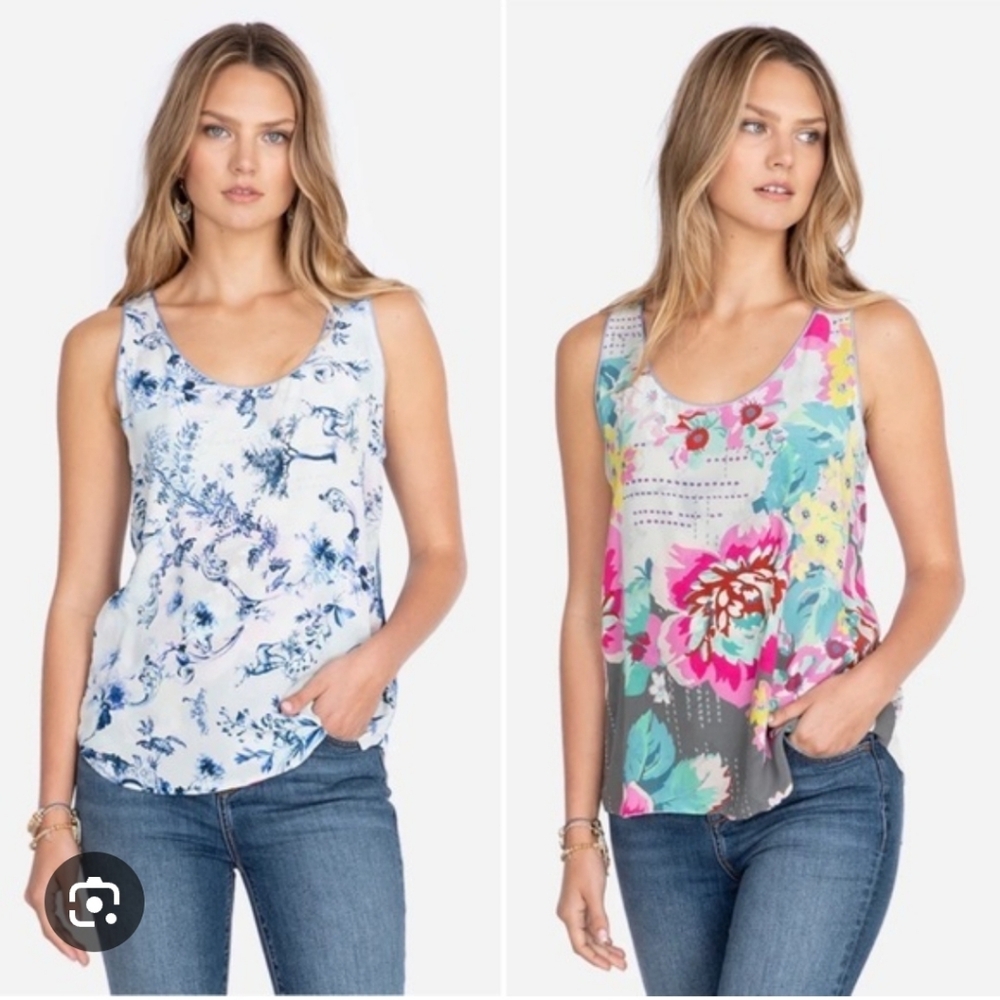 Johnny Was 100% silk floral blue pink multicolor colorful reversible tank top L